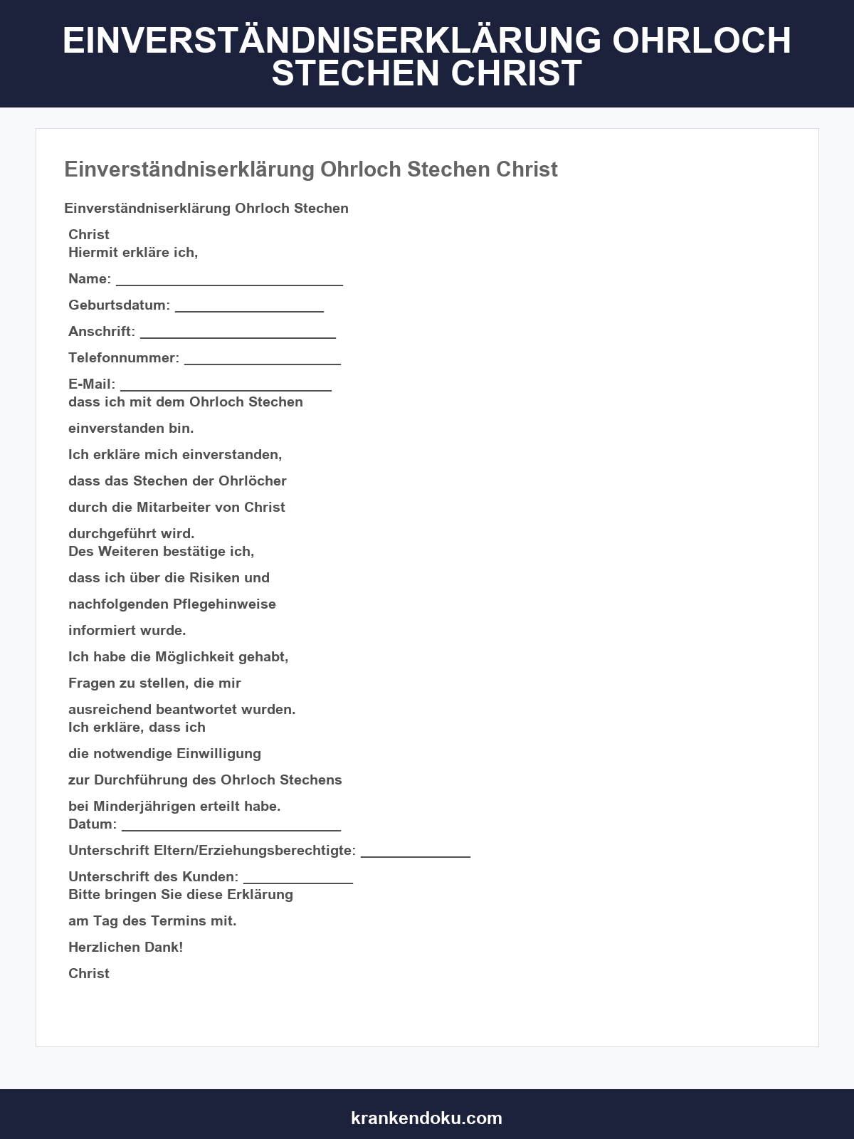 Einverständniserklärung Ohrloch Stechen Vordruck Christ