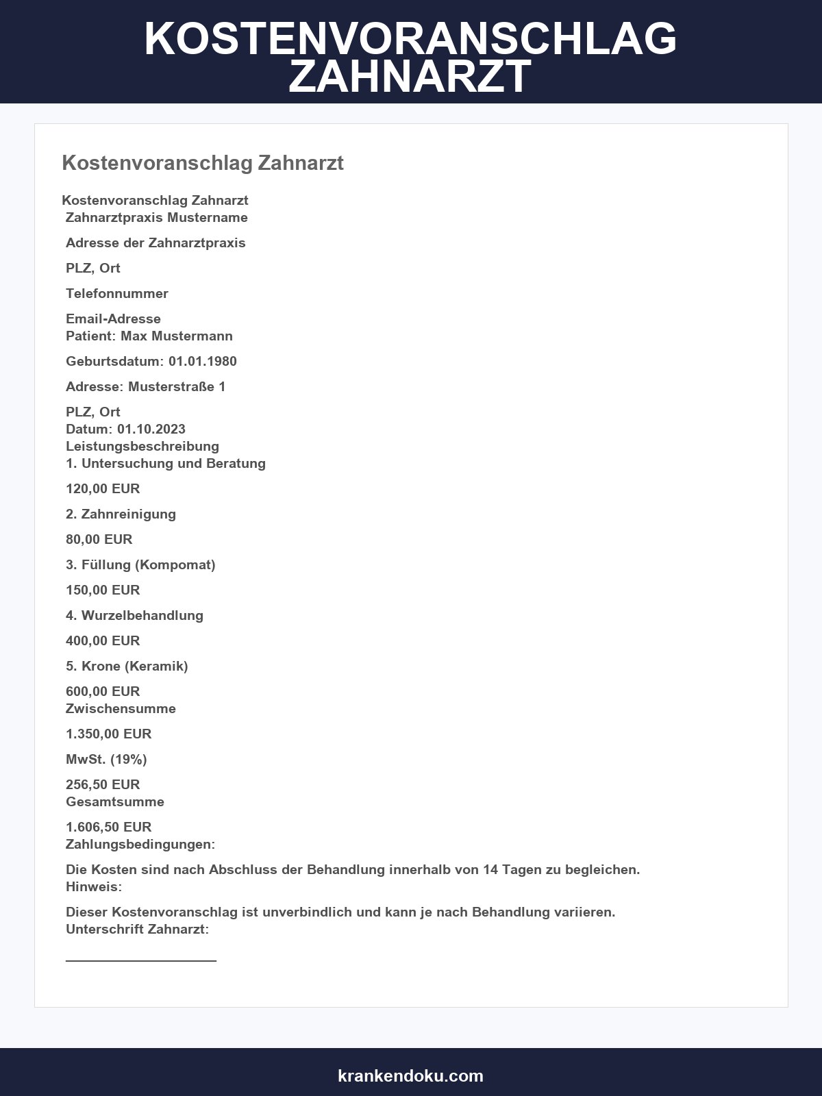 Kostenvoranschlag Zahnarzt Muster