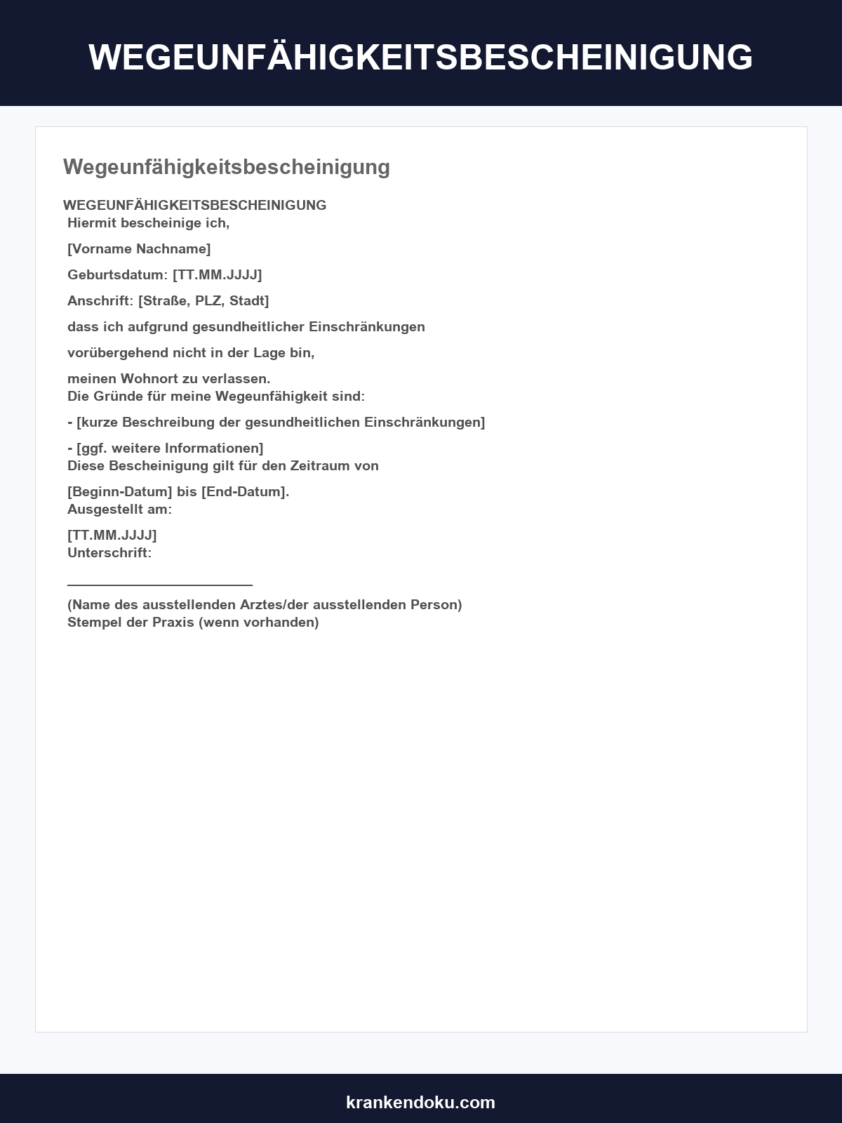 Wegeunfähigkeitsbescheinigung Vorlage